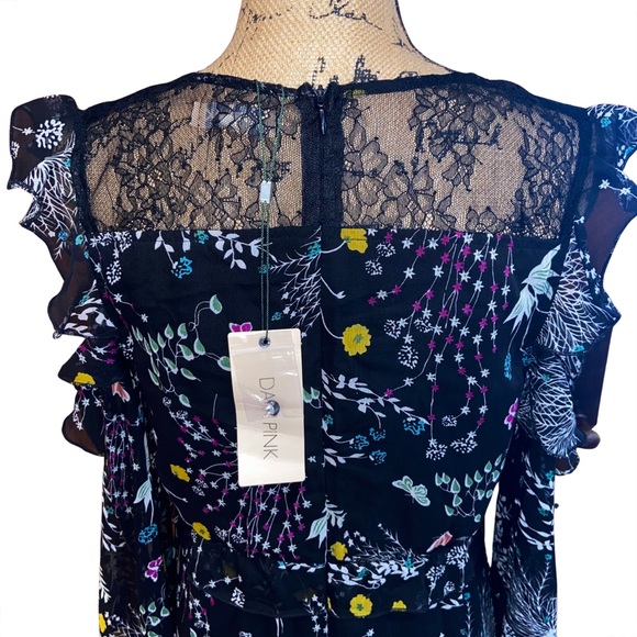 NWT Black & Floral Maxi Dress By Dark Pink With Ruffles And Lace Size Medium - Picture 8 of 11